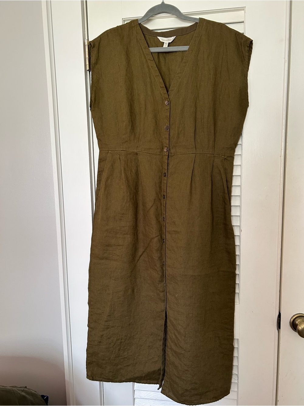 Garnet Hill Olive V-Neck Button-Front Linen Dress